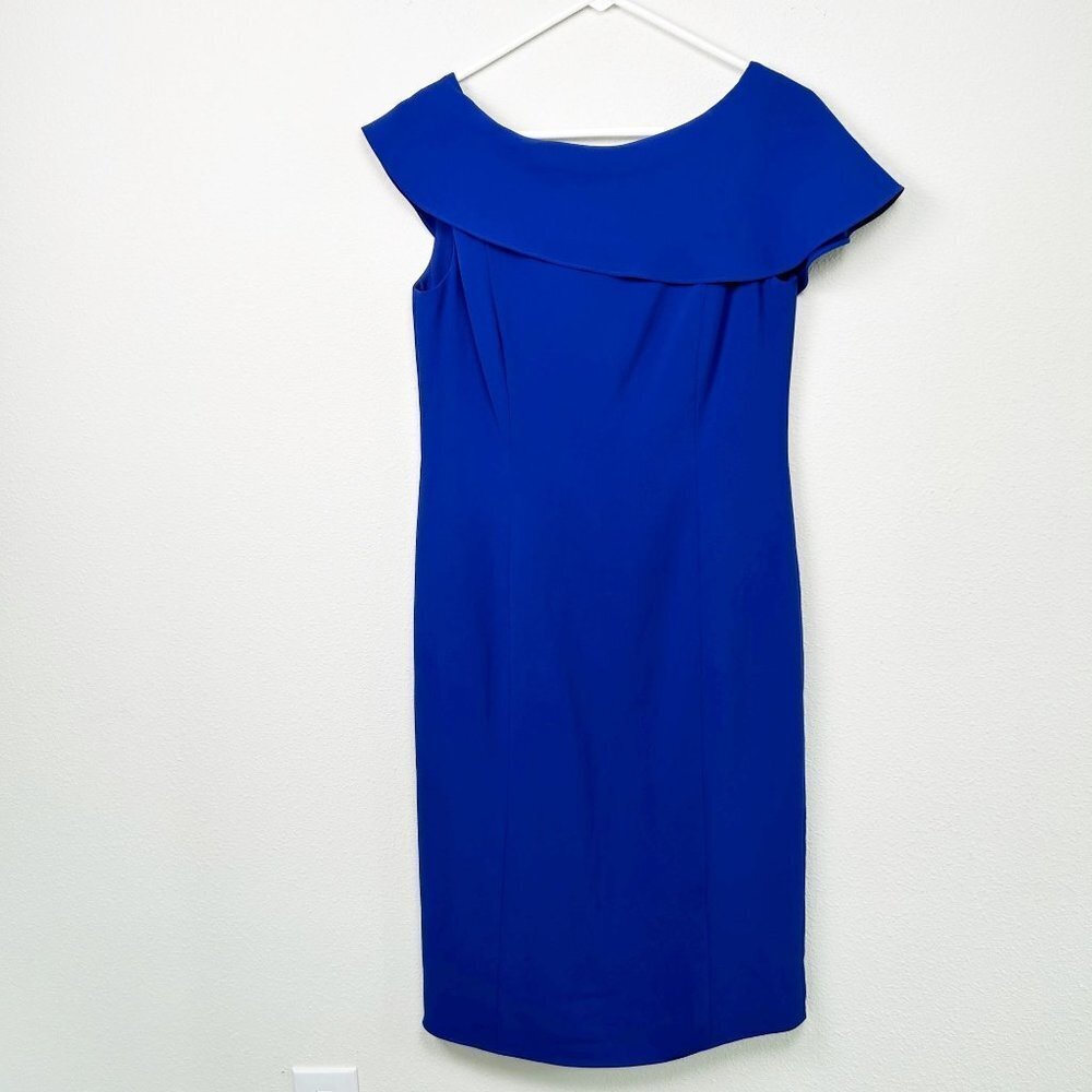 Angel Sanchez Dress Size 6 Royal Blue Ruffle Back Sheath Knee Length Zip Closure